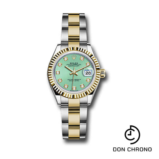 Rolex Steel and Yellow Gold Rolesor Lady-Datejust 28 Watch - Fluted Bezel - Mint Green Diamond Dial - Oyster Bracelet - 279173 mgdo