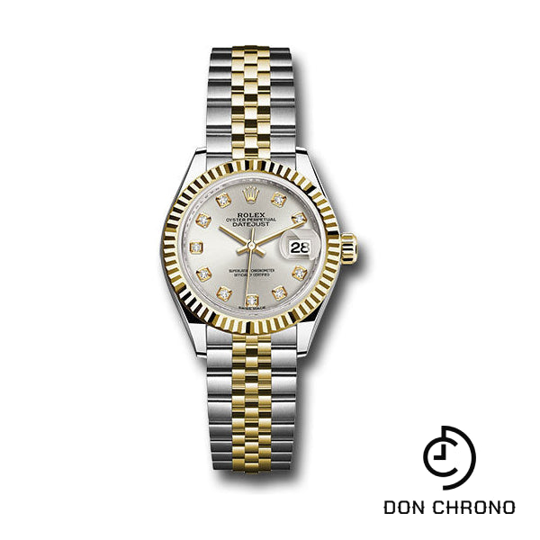 Rolex Steel and Yellow Gold Rolesor Lady-Datejust 28 Watch - Fluted Bezel - Silver Diamond Dial - Jubilee Bracelet - 279173 sdj