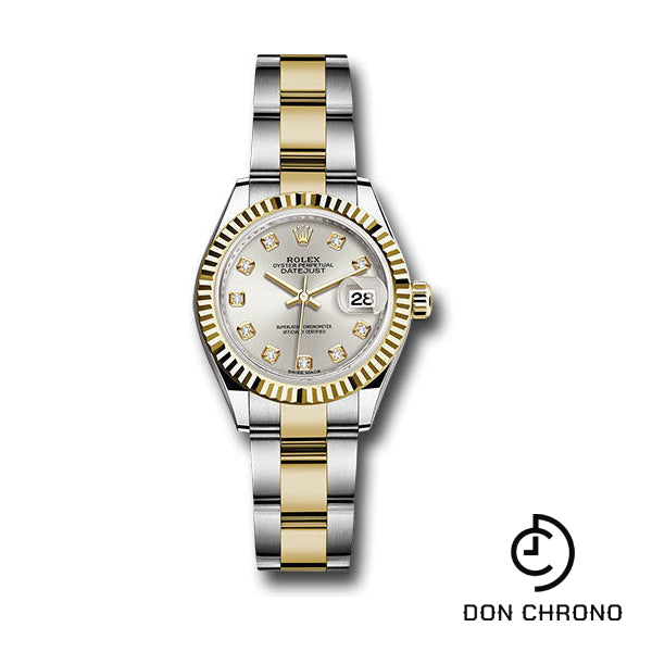 Rolex Steel and Yellow Gold Rolesor Lady-Datejust 28 Watch - Fluted Bezel - Silver Diamond Dial - Oyster Bracelet - 279173 sdo