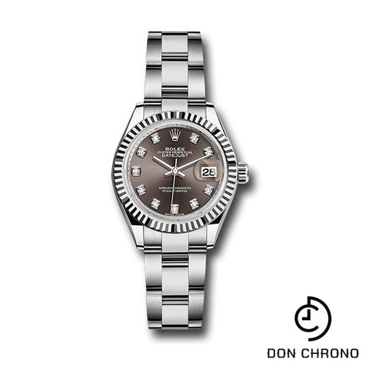 Rolex Steel and White Gold Rolesor Lady-Datejust 28 Watch - Fluted Bezel - Dark Grey Diamond Dial - Oyster Bracelet - 279174 dgdo