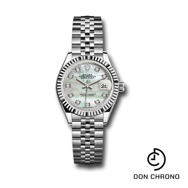 Rolex Steel and White Gold Rolesor Lady-Datejust 28 Watch - Fluted Bezel - White Mother-Of-Pearl Diamond Dial - Jubilee Bracelet - 279174 mdj