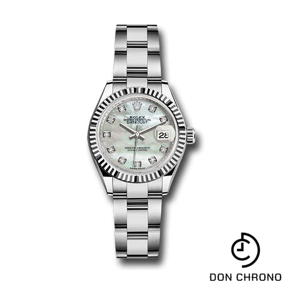 Rolex Steel and White Gold Rolesor Lady-Datejust 28 Watch - Fluted Bezel - White Mother-Of-Pearl Diamond Dial - Oyster Bracelet - 279174 mdo