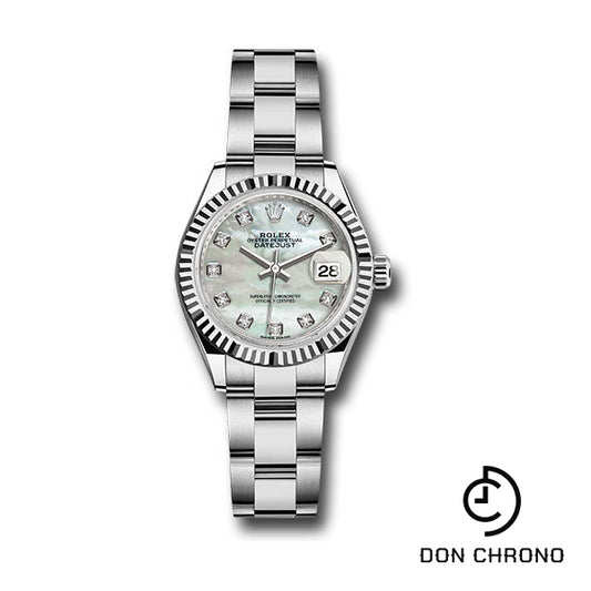 Rolex Steel and White Gold Rolesor Lady-Datejust 28 Watch - Fluted Bezel - White Mother-Of-Pearl Diamond Dial - Oyster Bracelet - 279174 mdo