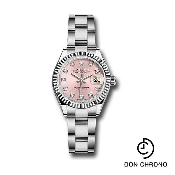 Rolex Steel and White Gold Rolesor Lady-Datejust 28 Watch - Fluted Bezel - Pink Diamond Dial - Oyster Bracelet - 279174 pdo