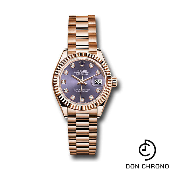 Rolex Everose Gold Lady-Datejust 28 Watch - Fluted Bezel - Aubergine Diamond Dial - President Bracelet - 279175 adp