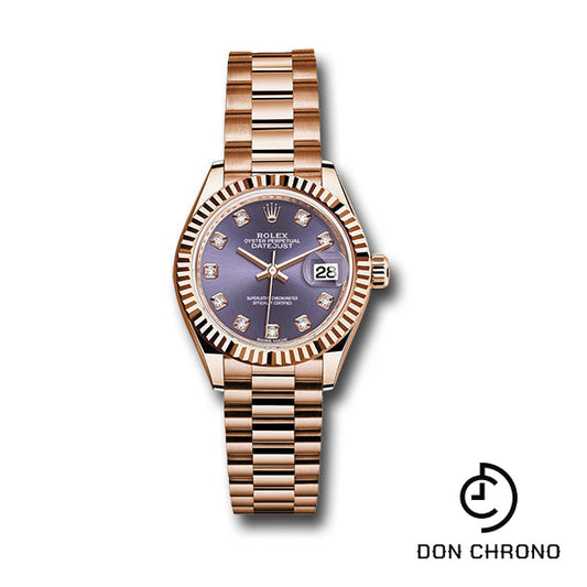 Rolex Everose Gold Lady-Datejust 28 Watch - Fluted Bezel - Aubergine Diamond Dial - President Bracelet - 279175 adp