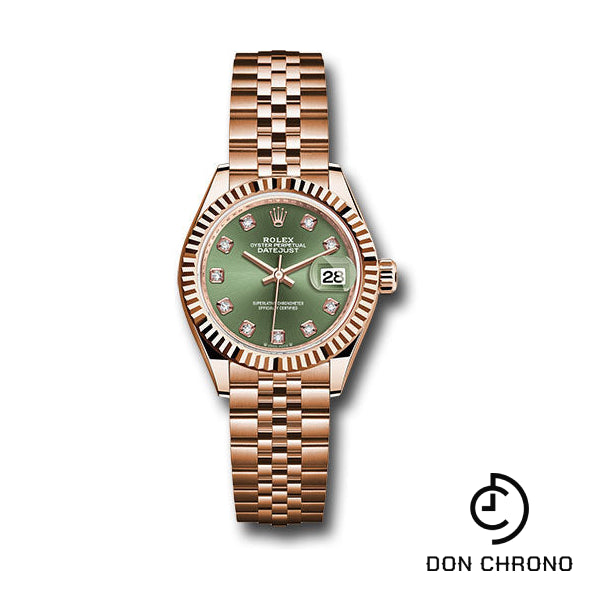 Rolex Everose Gold Lady-Datejust 28 Watch - Fluted Bezel - Olive Green Diamond Dial - Jubilee Bracelet - 279175 ogdj