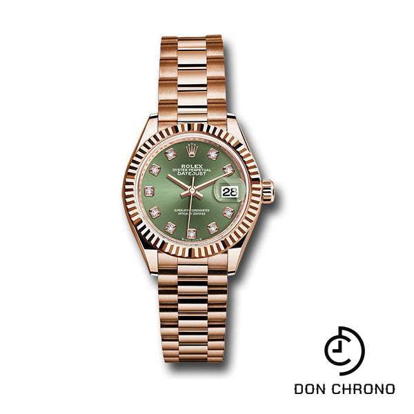 Rolex Everose Gold Lady-Datejust 28 Watch - Fluted Bezel - Olive Green Diamond Dial - President Bracelet - 279175 ogdp