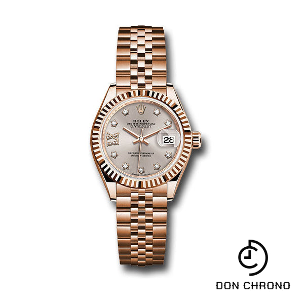 Rolex Everose Gold Lady-Datejust 28 Watch - Fluted Bezel - Silver Sundust Diamond Star Dial - Jubilee Bracelet - 279175 s9dix8dj