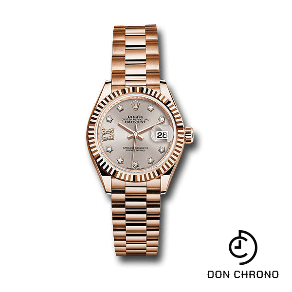 Rolex Everose Gold Lady-Datejust 28 Watch - Fluted Bezel - Silver Sundust Diamond Star Dial - President Bracelet - 279175 s9dix8dp