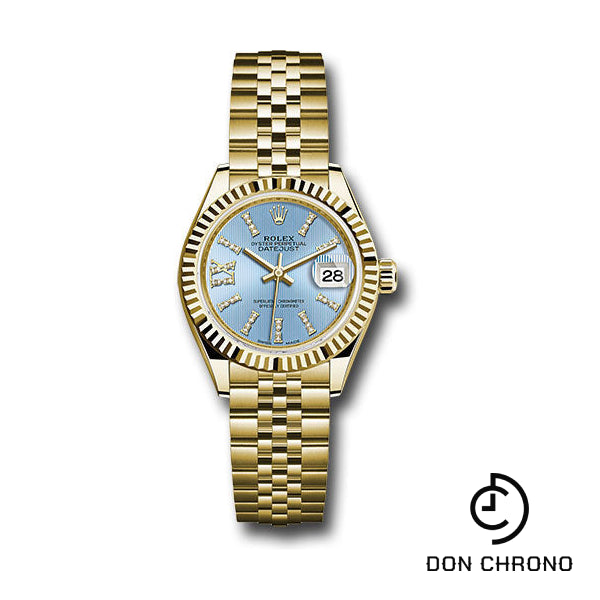 Rolex Yellow Gold Lady-Datejust 28 Watch - Fluted Bezel - Cornflower Blue Stripe Diamond Index Dial - Jubilee Bracelet - 279178 cbls36dix8dj