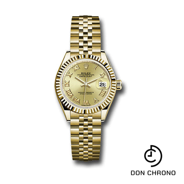 Rolex Yellow Gold Lady-Datejust 28 Watch - Fluted Bezel - Champagne Roman Dial - Jubilee Bracelet - 279178 chrj