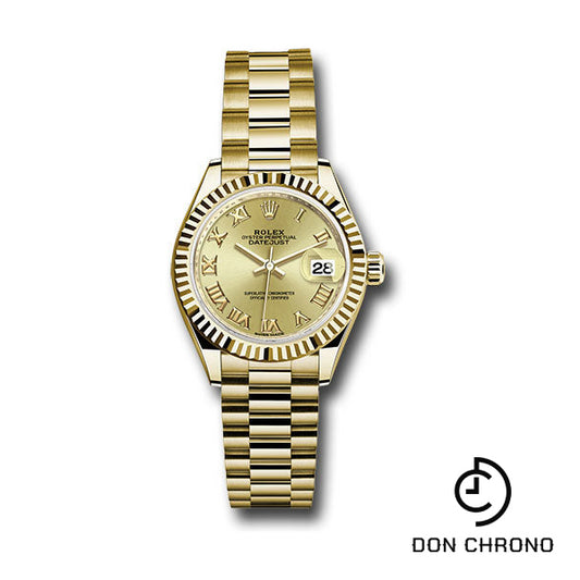 Rolex Yellow Gold Lady-Datejust 28 Watch - Fluted Bezel - Champagne Roman Dial - President Bracelet - 279178 chrp