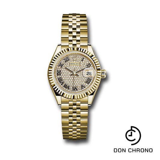 Rolex Yellow Gold Lady-Datejust 28 Watch - Fluted Bezel - Diamond Paved Roman Dial - Jubilee Bracelet - 279178 dprj