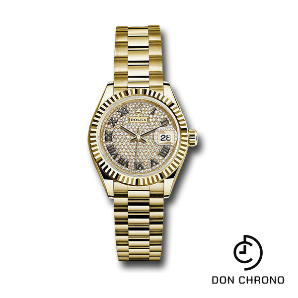 Rolex Yellow Gold Lady-Datejust 28 Watch - Fluted Bezel - Diamond Paved Roman Dial - President Bracelet - 279178 dprp