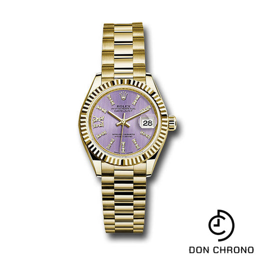 Rolex Yellow Gold Lady-Datejust 28 Watch - Fluted Bezel - Lilac Stripe Diamond Index Dial - President Bracelet - 279178 lils36dix8dp