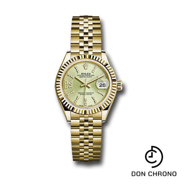 Rolex Yellow Gold Lady-Datejust 28 Watch - Fluted Bezel - Linden Green Strip Diamond Index Dial - Jubilee Bracelet - 279178 lings36dix8dj