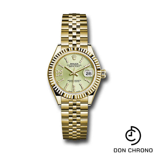 Rolex Yellow Gold Lady-Datejust 28 Watch - Fluted Bezel - Linden Green Strip Diamond Index Dial - Jubilee Bracelet - 279178 lings36dix8dj