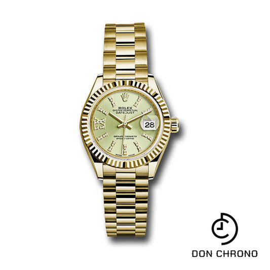 Rolex Yellow Gold Lady-Datejust 28 Watch - Fluted Bezel - Linden Green Strip Diamond Index Dial - President Bracelet - 279178 lings36dix8dp