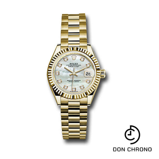 Rolex Yellow Gold Lady-Datejust 28 Watch - Fluted Bezel - Mother-of-Pearl Diamond Dial - President Bracelet - 279178 mdp