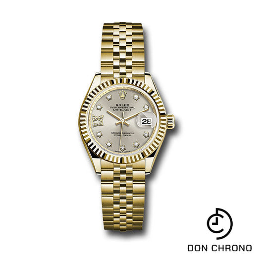 Rolex Yellow Gold Lady-Datejust 28 Watch - Fluted Bezel - Silver Diamond Star Dial - Jubilee Bracelet - 279178 s9dix8dj
