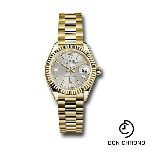 Rolex Yellow Gold Lady-Datejust 28 Watch - Fluted Bezel - Silver Index Dial - President Bracelet - 279178 sip