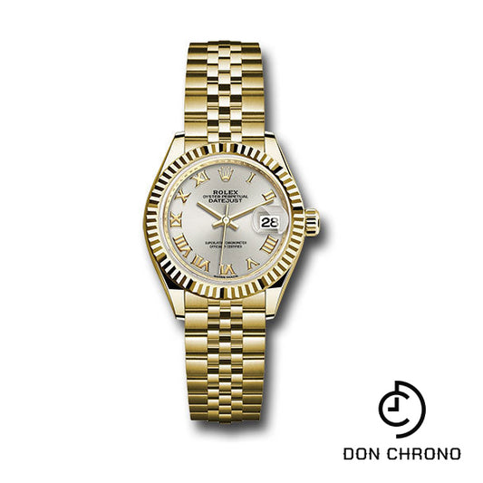 Rolex Yellow Gold Lady-Datejust 28 Watch - Fluted Bezel - Silver Roman Dial - Jubilee Bracelet - 279178 srj