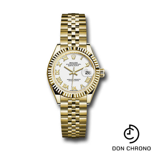 Rolex Yellow Gold Lady-Datejust 28 Watch - Fluted Bezel - White Roman Dial - Jubilee Bracelet - 279178 wrj
