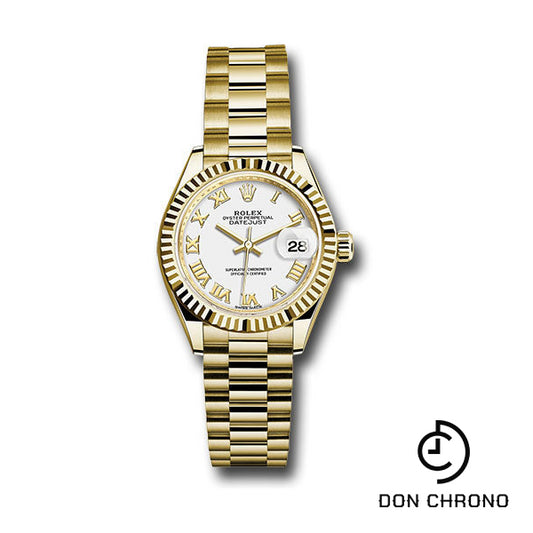 Rolex Yellow Gold Lady-Datejust 28 Watch - Fluted Bezel - White Roman Dial - President Bracelet - 279178 wrp