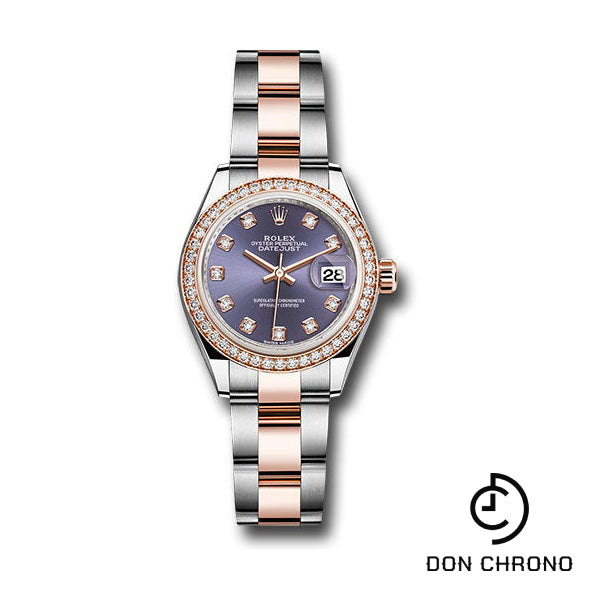 Rolex Steel and Everose Gold Rolesor Lady-Datejust 28 Watch - Diamond Bezel - Aubergine Diamond Dial - Oyster Bracelet - 279381RBR audo