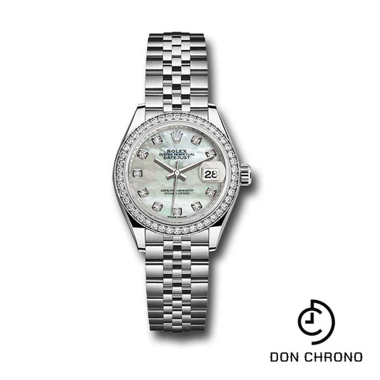 Rolex Steel and White Gold Rolesor Lady-Datejust 28 Watch - 44 Diamond Bezel - White Mother-Of-Pearl Diamond Dial - Jubilee Bracelet - 279384RBR mdj