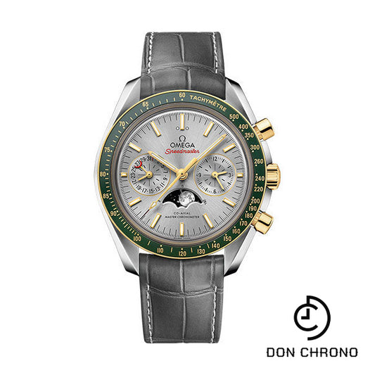 Omega Speedmaster Moonphase Master Chronometer Chronograph Watch - 44.25 mm Steel Case - Yellow Gold Bezel - Grey Diamond Dial - Grey Leather Strap - 304.23.44.52.06.001