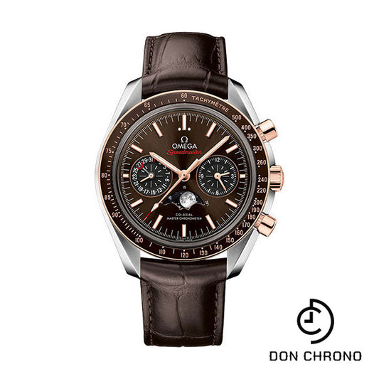 Omega Speedmaster Moonphase Master Chronometer Chronograph Watch - 44.25 mm Steel Case - Sedna Gold Bezel - Brown Diamond Dial - Brown Leather Strap - 304.23.44.52.13.001