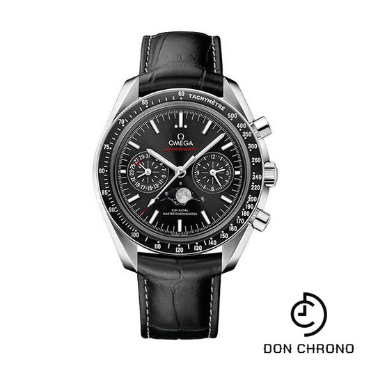 Omega Speedmaster Moonphase Master Chronometer Chronograph Watch - 44.25 mm Steel Case - Black Liquid Metal Bezel - Black Dial - Black Leather Strap - 304.33.44.52.01.001