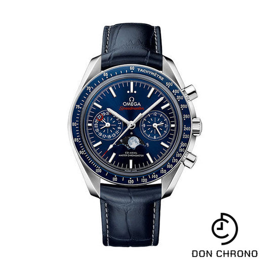 Omega Speedmaster Moonphase Master Chronometer Chronograph Watch - 44.25 mm Steel Case - Blue Liquid Metal Bezel - Blue Dial - Blue Leather Strap - 304.33.44.52.03.001