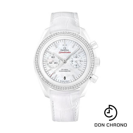 Omega Speedmaster Moonwatch Co-Axial Chronograph White Side of the Moon Watch - 44.25 mm White Ceramic Case - Diamond-Set Ceramic Bezel - Mother-Of-Pearl Dial - White Leather Strap - 311.98.44.51.55.001