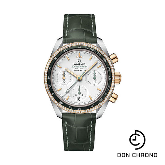 Omega Speedmaster 38 Co-Axial Chronograph Watch - 38 mm Steel And Yellow Gold Case - Dual Diamond Bezel - Silvery Dial - Green Leather Strap - 324.28.38.50.02.001