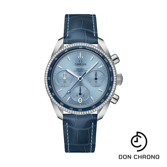 Omega Speedmaster 38 Co-Axial Chronograph Watch - 38 mm Steel Case - Dual Diamond Bezel - Ice Blue Dial - Blue Leather Strap - 324.38.38.50.03.001