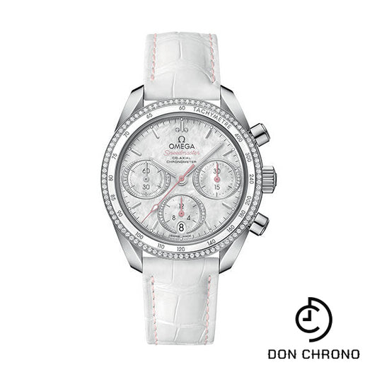 Omega Speedmaster 38 Co-Axial Chronograph Watch - 38 mm Steel Case - Dual Diamond Bezel - Mother-Of-Pearl Diamond Dial - White Leather Strap - 324.38.38.50.55.001