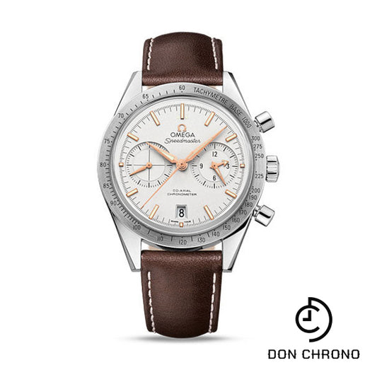 Omega Speedmaster '57 Omega Co-Axial Chronograph Watch - 41.5 mm Steel Case - Brushed Bezel - Silver Dial - Brown Leather Strap - 331.12.42.51.02.002