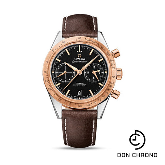 Omega Speedmaster '57 Omega Co-Axial Chronograph Watch - 41.5 mm Steel Case - Brushed Red Gold Bezel - Black Dial - Brown Leather Strap - 331.22.42.51.01.001