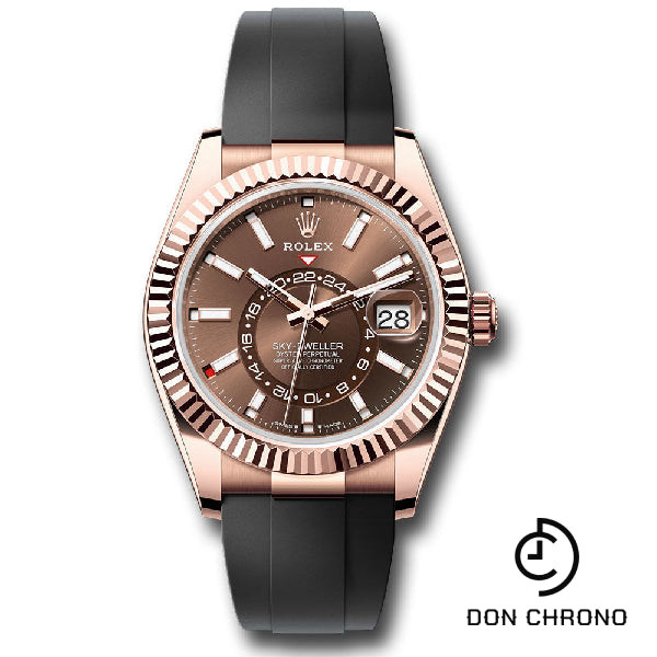 Rolex Everose Gold Sky-Dweller Watch - Fluted Ring Command Bezel - Chocolate Index Dial - Oysterflex Strap - 336235 choiof