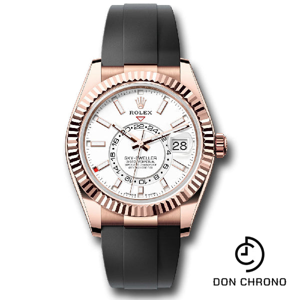 Rolex Everose Gold Sky-Dweller Watch - Fluted Ring Command Bezel - White Index Dial - Oysterflex Strap - 336235 wiof