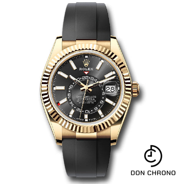 Rolex Yellow Gold Sky-Dweller Watch - Fluted Ring Command Bezel - Black Index Dial - Oysterflex Strap - 336238 bkiof