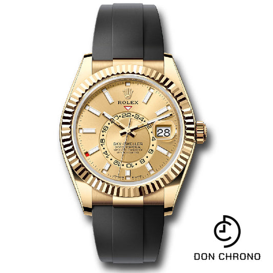 Rolex Yellow Gold Sky-Dweller Watch - Fluted Ring Command Bezel - Champagne Index Dial - Oysterflex Strap - 336238 chiof