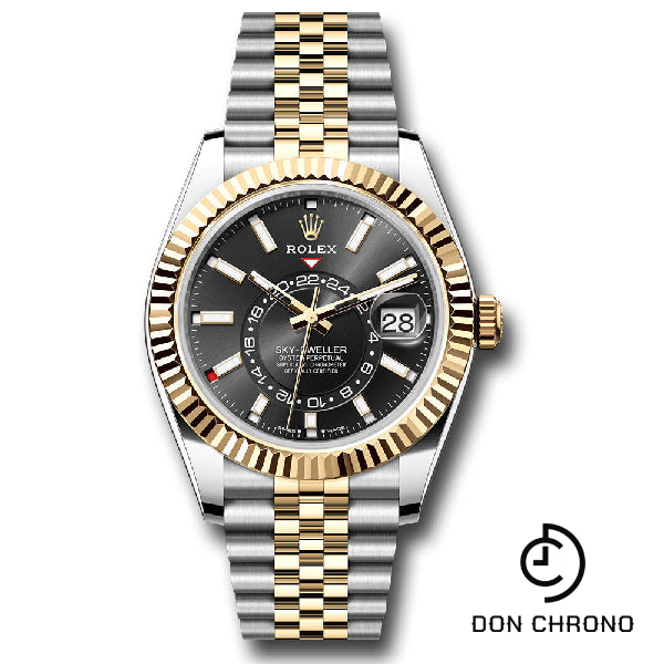 Rolex Yellow Rolesor Sky-Dweller Watch - Fluted Ring Command Bezel - Black Index Dial - Jubilee Bracelet - 336933 bkij