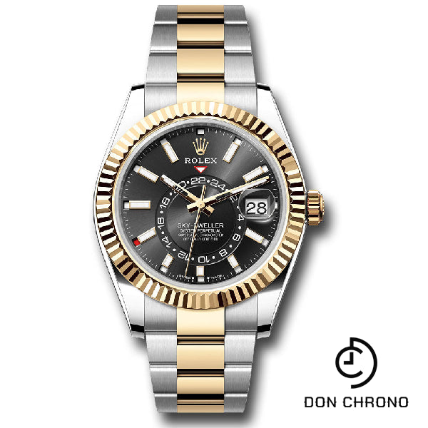 Rolex Yellow Rolesor Sky-Dweller Watch - Fluted Ring Command Bezel - Black Index Dial - Oyster Bracelet - 336933 bkio