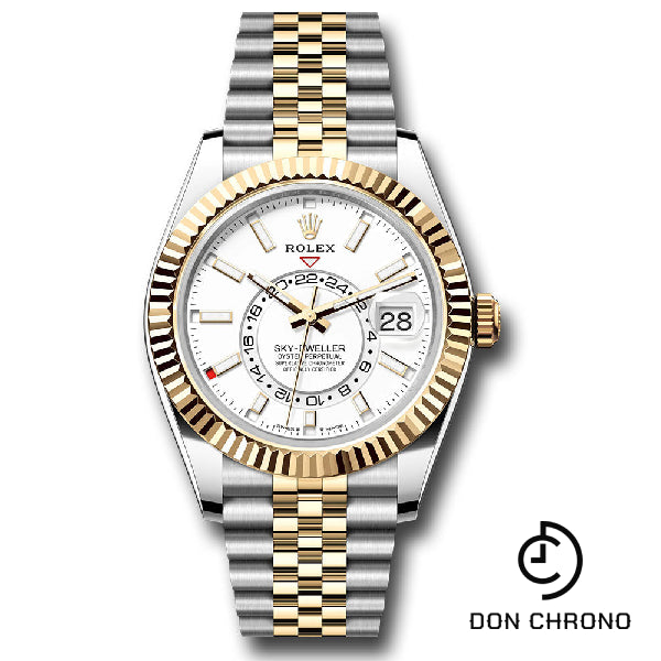 Rolex Yellow Rolesor Sky-Dweller Watch - Fluted Ring Command Bezel - White Index Dial - Jubilee Bracelet - 336933 wij