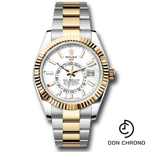 Rolex Yellow Rolesor Sky-Dweller Watch - Fluted Ring Command Bezel - White Index Dial - Oyster Bracelet - 336933 wio