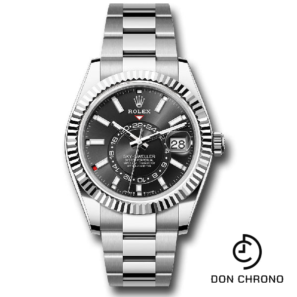 Rolex White Rolesor Sky-Dweller Watch - Fluted Ring Command Bezel - Black Index Dial - Oyster Bracelet - 336934 bkio